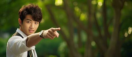 Japanese student happy and pointing in bamboo background photo