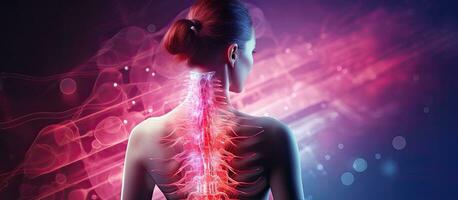 Text and image representing spinal cord injury awareness with a Caucasian woman experiencing back pain photo