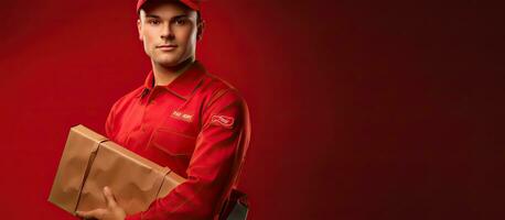 Composite of portrait of young man with clipboard and postal worker day text red background copy space delivery mail and appreciation concept photo