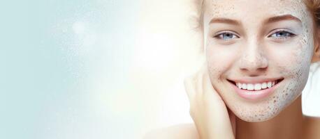 Digital composite featuring a Caucasian woman smiling and wiping her cheek with text for International Skin Pigmentation Day Focus on pigmentation skincar photo