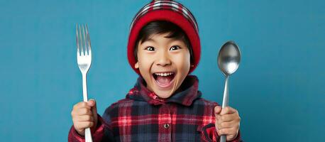 Happy Asian man with beanie and plaid shirt pointing at empty space with utensils suggesting a delicious meal on a blue background photo