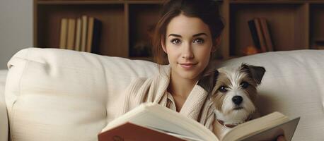 Woman and dog sitting on a couch at home reading a book photo