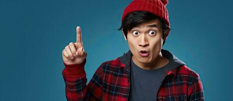 A young Asian man in a beanie and red flannel shirt stands against a blue background pointing up with a puzzled expression photo