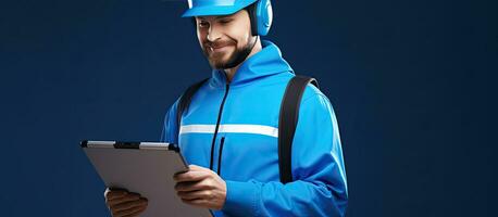 A Caucasian delivery man using a digital image to write on a pad with a happy checklist day text in the background This innovative tool helps him organize photo