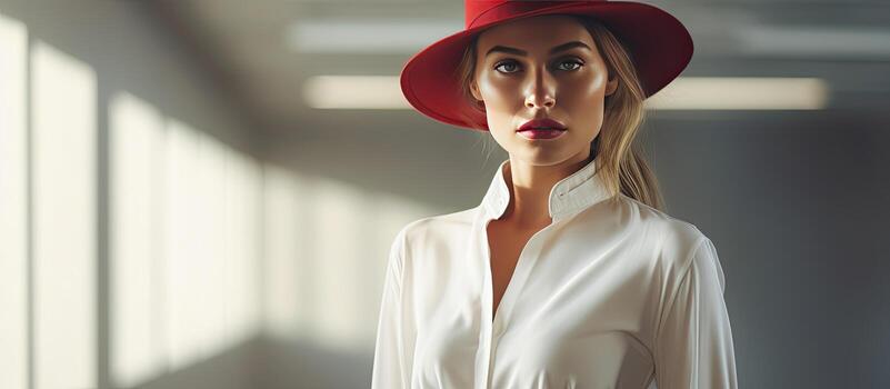 Fashionable young woman model posing indoors stylishly attired in a white shirt and red hat looking away from the camera photo