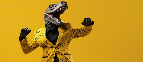 Leopard jacketed man in dinosaur mask dances comically isolated on yellow background photo