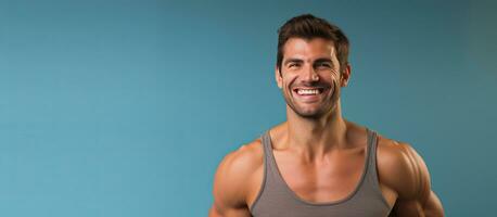 sin camisa caucásico hombre con confianza puntos en diferente direcciones sonriente promoviendo un anuncio foto