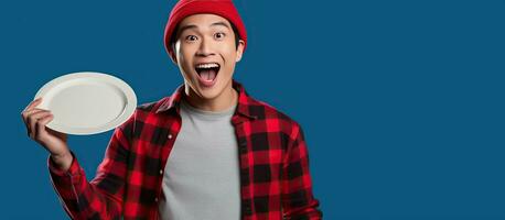 Enthusiastic Asian man with hat and shirt pointing left to empty space holding empty plate on blue backdrop photo