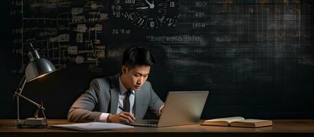 Determined Asian businessman at desk with blank chalkboard working on computer in office photo