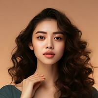 Asian woman with long curly hair and flawless skin showcases Korean inspired makeup and reveals an open hand with available space on a neutral background photo