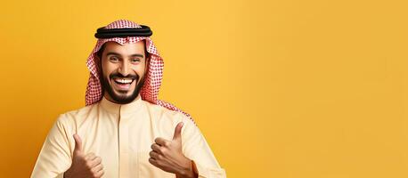 Arab man confidently points towards copy space on yellow background for designers to add text or logos photo