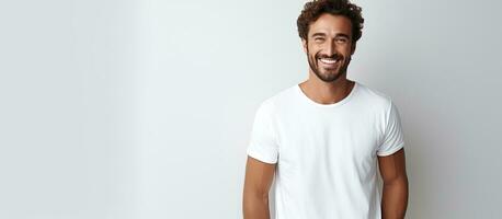 White teeth smiling male fashion model in trendy clothes and white background with room for text photo