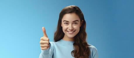 Vertical portrait of a young woman on a blue background gesturing approval and pointing to an empty space overhead for commercial promotion photo