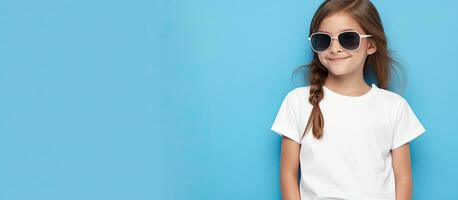 fotografía de atractivo niño modelo niño en casual verano ropa posando en Moda estudio contenido niña vistiendo blanco polo camisa y Gafas de sol con brazos foto