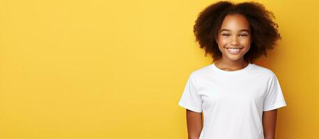 Black teenage girl in white shirt gazes at blank area on yellow backdrop Marketing and school related learning promotion way of life education photo