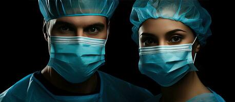 Close up of two doctors wearing medical protective clothing and masks working against black background during COVID 19 pandemic photo