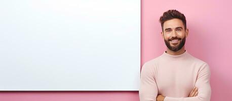 Smiling man with a beard stands by blank advertising board for text on pink background photo