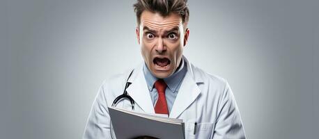 Unhappy man doctor with patient chart isolated background space for text health photo