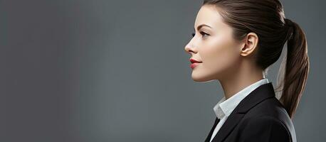 Confident businesswoman in closeup profile isolated on gray photo