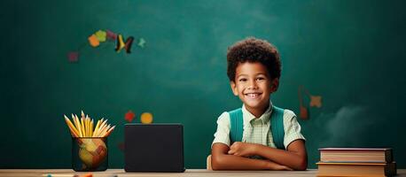 Multiracial children using a digital pc to study and celebrate back to school month photo