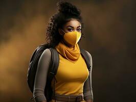 un oscuro desollado niña estudiante vistiendo un amarillo vestir y respiratorio máscara llegado a clase con un colegio mochila foto