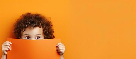 niño sonriente detrás un naranja papel con espacio para un anuncio foto