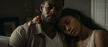 Painful wake up for black man and young African American woman massaging neck ache in bedroom photo