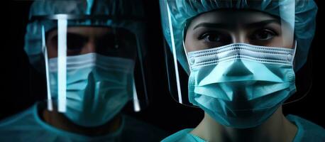 Close up of two doctors wearing medical protective clothing and masks working against black background during COVID 19 pandemic photo