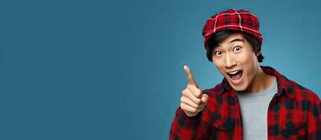 An Asian man with a beanie hat and plaid shirt excitedly points and talks on his phone against a blue background photo