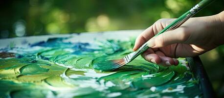 Female hand dipping brush into green watercolor for outdoor drawing with blurred background photo