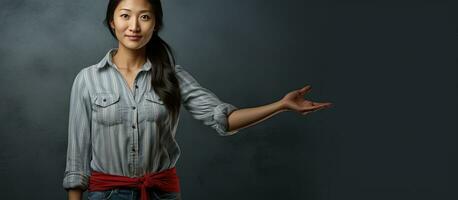 un asiático mujer con en capas ropa demostración un vacío palma y descansando su otro mano en su cintura foto