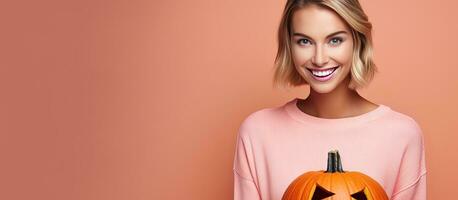 Smiling woman holding Halloween pumpkin with pink background at home photo