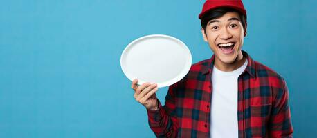 Asian man in beanie hat and plaid shirt points to empty space with empty plate on blue background photo