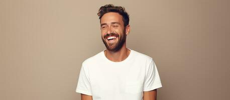 Fashionable man on beige background wearing white t shirt smiles with surprise looking at the camera copy space photo
