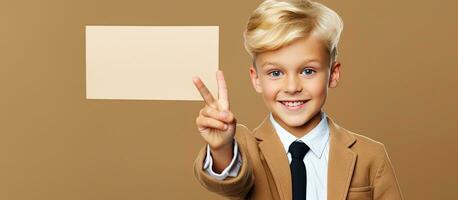 Blond schoolboy holds empty cork board pointing at it Mock up available photo