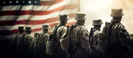 soldados y bandera de America celebrar veteranos día foto