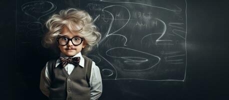 Small child wearing glasses mustache and wig resembling a young professor has an idea Blackboard background with room for text Academia Young Scientist photo