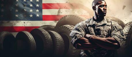 African American army soldier lifting tire armed forces day text armed forces celebration honor patriotism fitness concept photo