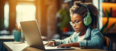 African American girl studying online at home with headphones and a laptop photo