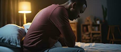 African American man with back and neck pain in bed Space photo