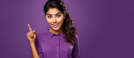 Excited Indian woman pointing at free space for advert over purple background photo