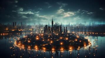 a city with lights and a tower in the middle. photo
