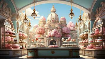 a pink and white bakery with lots of cakes. AI Generated photo