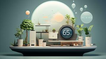 a futuristic house with plants and a clock. AI Generated photo