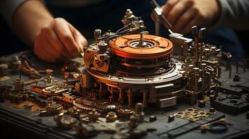 a person is working on a clock with a clock mechanism. photo
