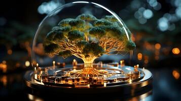 a tree with lights on it in the middle of a circle. photo