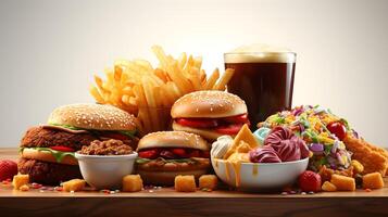 rápido comida y bebidas en un mesa con un hamburguesa, papas fritas, pollo, y soda. ai generado foto