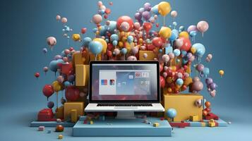 a laptop computer surrounded by colorful balloons. AI Generated photo