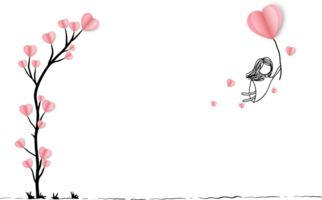 Gekritzel skizzieren von ein wenig Mädchen schwebend im das Luft mit ein 3d Papier Herz Ballon. png