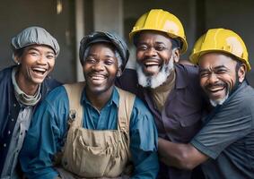 retrato de contento industrial fábrica retirado trabajadores profesional trabajador en un casco. labor día concepto. ai generativo foto